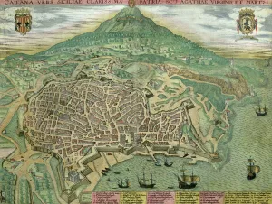 Map of Catania, from Civitates Orbis Terrarum by Georg Braun (1541-1622 Map of Catania, from Civitates Orbis Terrarum by Georg Braun (1541-1622