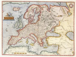 Map of Europe, 1587 (hand-coloured engraving) Map of Europe, 1587 (hand-coloured engraving)