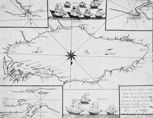 Map of Lake Ontario with the English and French fleets, 1757 (engraving) Map of Lake Ontario with the English and French fleets, 1757 (engraving)