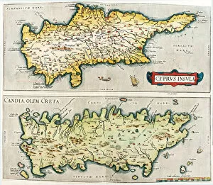 Cyprus Collection: Map of the Mediterranean islands of Cyprus and Crete in Greece, 1570 (engraving)