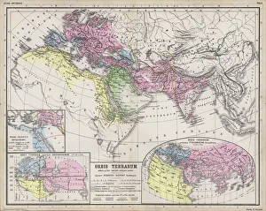 Maps showing the extent of realms of the known World in ancient times (coloured engraving) Maps showing the extent of realms of the known World in ancient times (coloured engraving)