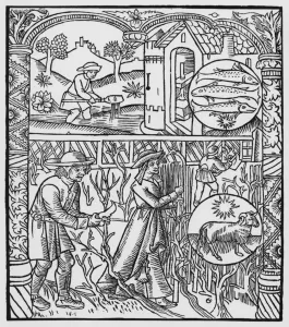 March, fishing and pruning trees, Pisces, illustration from the Almanach des Bergers' March, fishing and pruning trees, Pisces, illustration from the Almanach des Bergers'