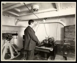Marconi and his wireless telegraph apparatus, 1899-1900 (silver gelatin print) Marconi and his wireless telegraph apparatus, 1899-1900 (silver gelatin print)