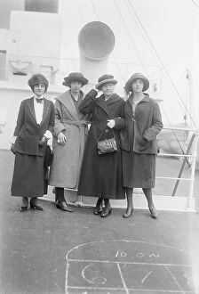 Portait Collection: Marie Curie with her daughters Irene and Eve, and Mrs. Maloney, on RMS Olympic, USA