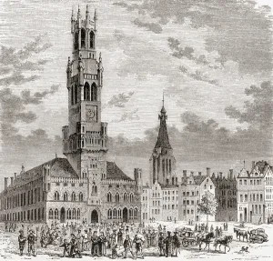 The market place at Bruges, Belgium in the 16th century The market place at Bruges, Belgium in the 16th century