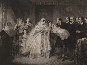 Mary, Queen of Scots with her infant son, the future King James VI of Scotland and I of England (engraving)