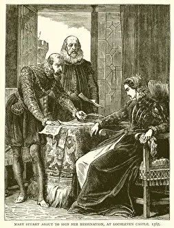 Mary Stuart about Sign her Resignation, at Lochleven Castle, 1567 (engraving)
