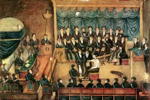 Masonic Initiation ceremony of a male Freemason, early 19th century (w/c on paper) Masonic Initiation ceremony of a male Freemason, early 19th century (w/c on paper)