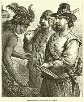 Massasoit receiving presents from Mr Winslow (engraving)