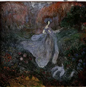 Matin (Morning). Une femme vetue de voiles marche vers un oiseau au sol, dans un jardin fleuri