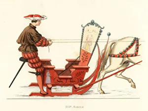 Conveyances Gallery: Matthaus Schwarz competing in a sleigh race, 16th century. 1867 (engraving)
