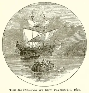 The Mayflower at New Plymouth, 1620 (engraving) The Mayflower at New Plymouth, 1620 (engraving)