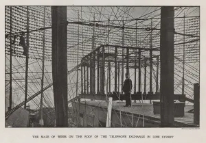 The maze of wires on the roof of the Telephone Exchange in Lime Street (photo) The maze of wires on the roof of the Telephone Exchange in Lime Street (photo)