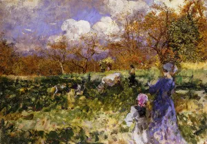 In the Meadow; Women and Children Driving Goats, (oil on board) In the Meadow; Women and Children Driving Goats, (oil on board)