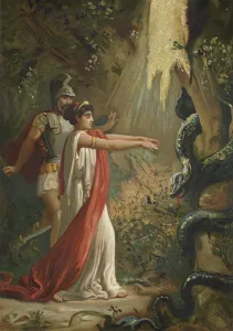 Medea putting the dragon guarding the Golden Fleece to sleep (chromolitho) Medea putting the dragon guarding the Golden Fleece to sleep (chromolitho)