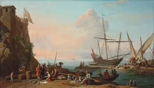 A Mediterranean harbour with stevedores unloading their ships A Mediterranean harbour with stevedores unloading their ships