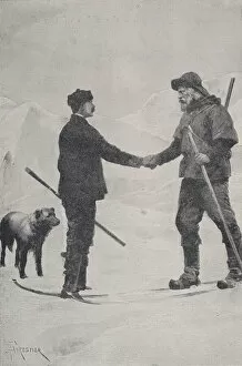 Meeting of polar explorers Frederick George Jackson and Fridtjof Nansen, Franz Josef Land, 1896 (litho)