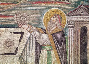 Melchisedech offers Bread at the Altar, detail of the lunette on the South wall depicting Melchisedech offers Bread at the Altar, detail of the lunette on the South wall depicting