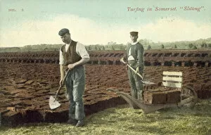 Men cutting turf, Somerset (colour photo)