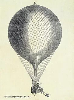Gas Balloon Gallery: Three men in a Hot Air Balloon, pub. 1800s (lithograph)