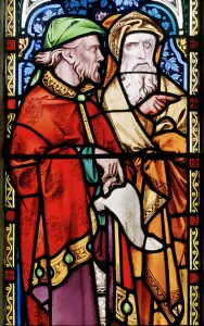 Two men listening to John The Baptist Preaching, detail from the east window Two men listening to John The Baptist Preaching, detail from the east window