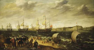 Men-of-War sailing out of an Estuary with figures in the forground, (oil on canvas) Men-of-War sailing out of an Estuary with figures in the forground, (oil on canvas)