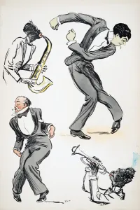 Two men in suits dancing while two musicians play the saxophone and trumpet Two men in suits dancing while two musicians play the saxophone and trumpet