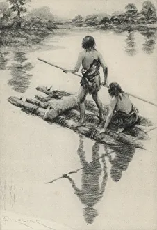 Amedee (after) Forestier Gallery: Men travelling by raft on a river in Prehistoric Britain (litho)