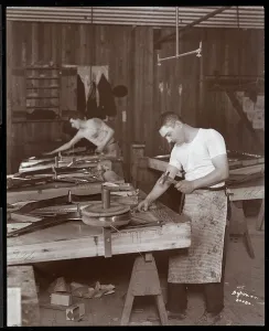 Two men working in the Harrington Piano Co. factory, 1907 (silver gelatin print) Two men working in the Harrington Piano Co. factory, 1907 (silver gelatin print)