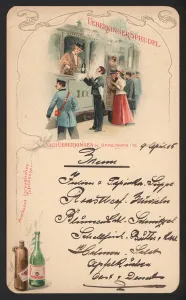 Menu card advertising Ueberkinger sparkling mineral water (colour litho) Menu card advertising Ueberkinger sparkling mineral water (colour litho)