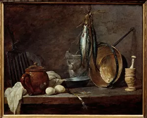 Menu of lean and kitchen utensils. Still life. Painting by Jean Baptiste Simeon Chardin