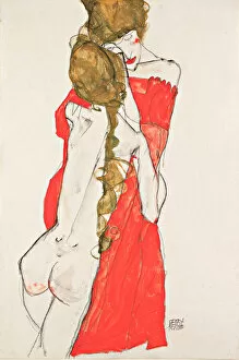 Mere et fille - Oeuvre de Egon Schiele (1890-1918), gouache sur papier, 1913 (47, 9x31, 1 cm) - Mother and Daughter