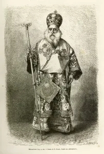 The metropolitan eveque of the new cathedral of Athenes. Engraving after the drawing of E The metropolitan eveque of the new cathedral of Athenes. Engraving after the drawing of E