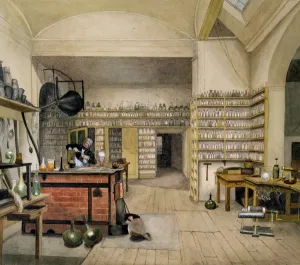 Michael Faraday (1791-1867) in his Basement Laboratory, 1852 (w/c on paper) Michael Faraday (1791-1867) in his Basement Laboratory, 1852 (w/c on paper)
