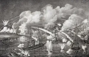 Midnight naval bombardment of Fort Jackson, Louisiana 1862 (litho)