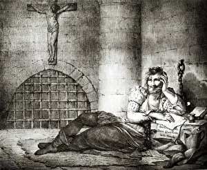 Miguel de Cervantes Saavedra (1547-1616) writing Don Quixote in an Inquisition dungeon Miguel de Cervantes Saavedra (1547-1616) writing Don Quixote in an Inquisition dungeon