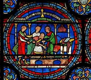 Detail from the Miracle Window depicting Robert of Cricklade at the tomb (stained glass) Detail from the Miracle Window depicting Robert of Cricklade at the tomb (stained glass)