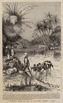Godefroy Durand Gallery: A Missionary Bishop on Tour in Travancore, crossing a River (engraving)