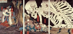Mitsukini Defying the Skeleton Spectre, c.1845 (hand coloured woodcut print) Mitsukini Defying the Skeleton Spectre, c.1845 (hand coloured woodcut print)