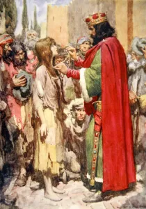 For a moment they stood looking at each other- the barefoot beggar girl in her rags and the King in his jewelled crown, King Cophetua and the Beggar Maid (colour litho) For a moment they stood looking at each other- the barefoot beggar girl in her rags and the King in his jewelled crown, King Cophetua and the Beggar Maid (colour litho)