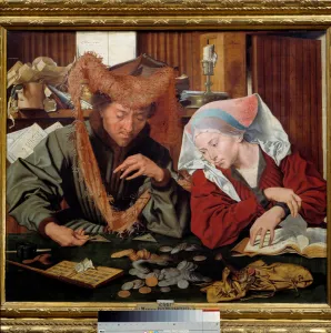 The money changer and his wife A couple of money lenders count and weigh money The money changer and his wife A couple of money lenders count and weigh money
