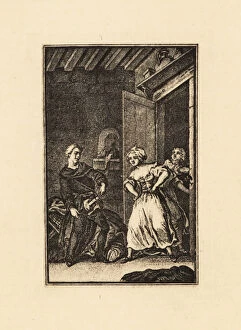 A monk exposing himself to maids in a bedroom, 18th century. 1911 (engraving)