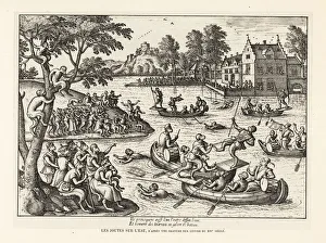 Conveyances Gallery: Monkeys on boats competing in a water joust, 16th century.1906 (lithograph)