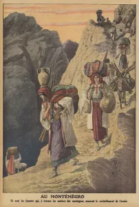 Montenegrin women carrying provisions on mountain paths to re-supply the army (colour litho) Montenegrin women carrying provisions on mountain paths to re-supply the army (colour litho)