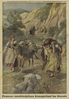 1914 1918 Wwi Ww One Gallery: Montenegrin women transporting wounded soldiers, World War I, 1915 (colour litho)