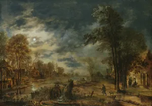 Moonlit Landscape with a Village (oil on panel) Moonlit Landscape with a Village (oil on panel)