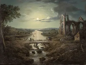 Moonlit view of the River Tweed with Melrose Abbey in the foreground Moonlit view of the River Tweed with Melrose Abbey in the foreground