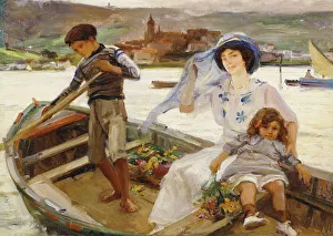 Third Class Gallery: A Mother and Child being Ferried across a River with a Town Beyond, 1913 (oil on canvas)