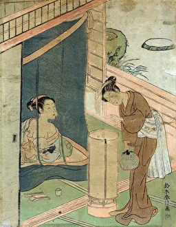 3519759 Mother and child behind mosquito netting by Harunobu Suzuki a Japanese designer of woodblock print artist in the Ukiyo-e style. by Harunobu, Suzuki (1725-70); (add.info.: Mother and child behind mosquito netting by Harunobu Suzuki (1724-1770), a Japanese designer of woodblock print artist in the Ukiyo-e style. He was an innovator, the first to produce full-colour prints in 1765, rendering obsolete the former modes of the and three colour prints.); Universal History Archive/UIG Mother and child behind mosquito netting by Harunobu Suzuki a Japanese designer of woodblock print artist in the Ukiyo-e style