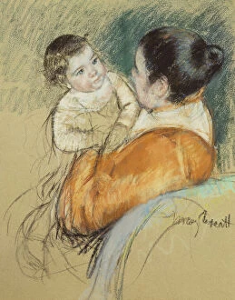 Motherly Gallery: Mother Louise Holding Up Her Blue-Eyed Child, (pastel on grey paper)